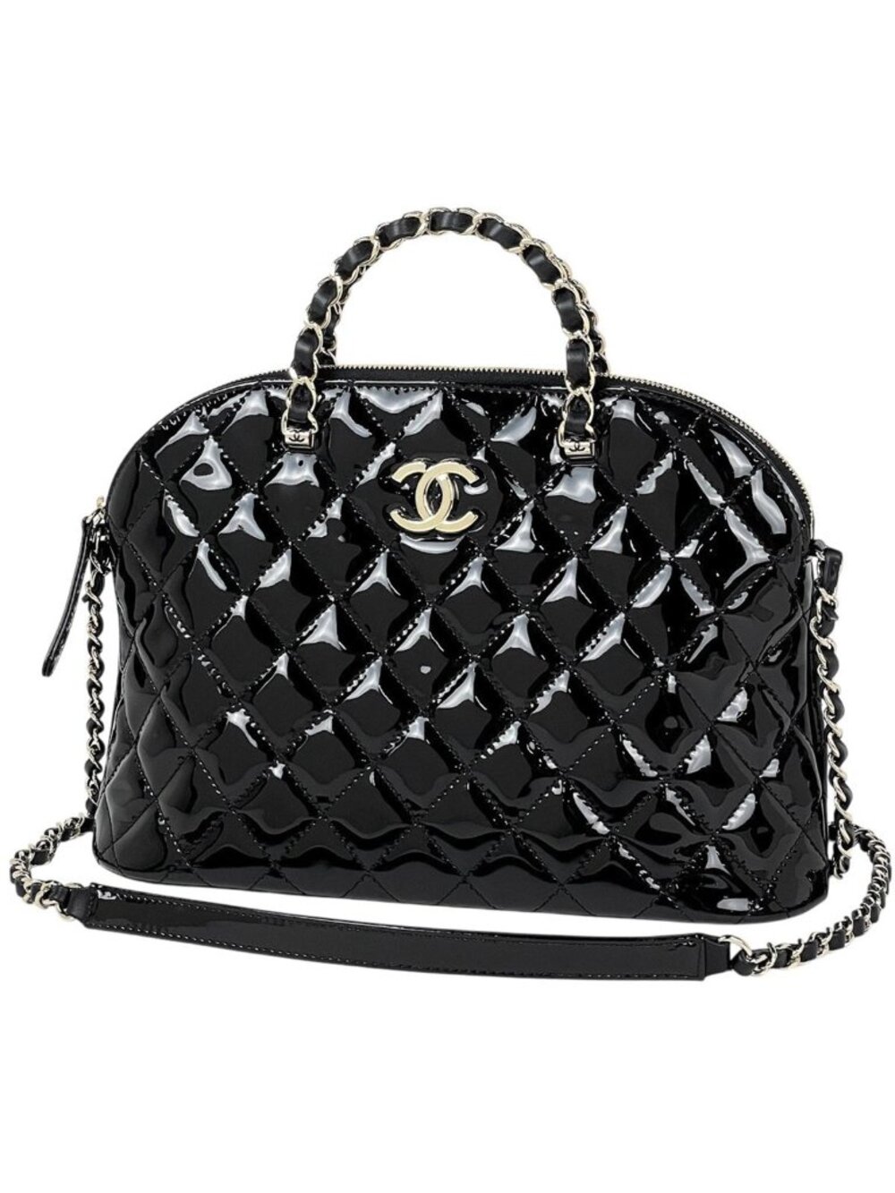 Chanel CC Logo Handbag Chain 2-Way Enamel Patent Leather Black